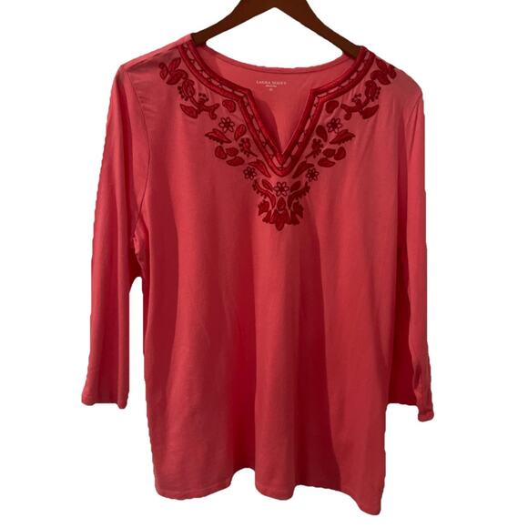 3 for $25-Laura Scott - Orange-Embroidery -V-neck 3/4 Sleeves Knit Top - Size XL - Picture 1 of 8